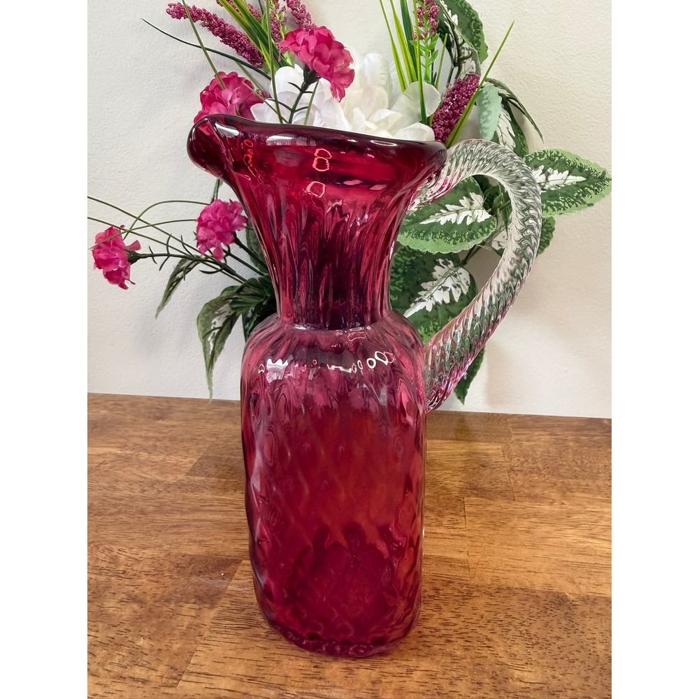 Vintage Cranberry Art Glassโ Pitcher Hand Blown Ruffled Rim Clear Handle Decor